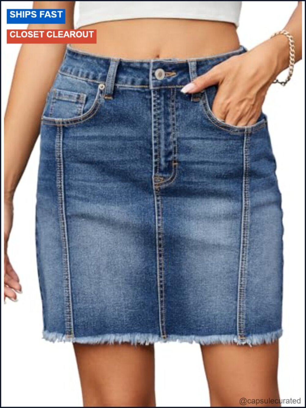 High Waist Seam Line Denim Skirt | Button Down, Knee Length, Elastic, Pockets